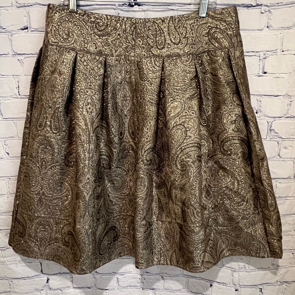 Anthropologie Tapemeasure Gold Metallic Pleated Skirt Size 14